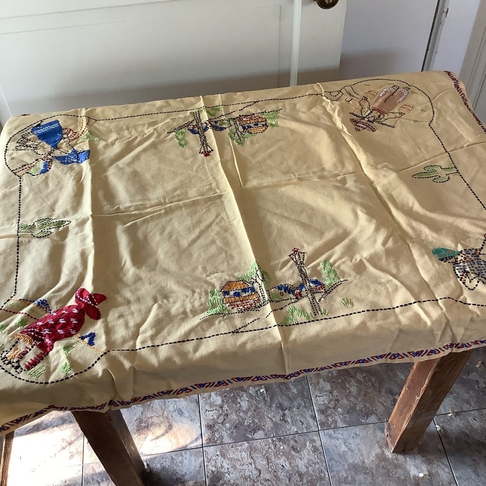 Vintage Kitschy Embroidered Southwest Aztec Yellow Tablecloth Table Linens